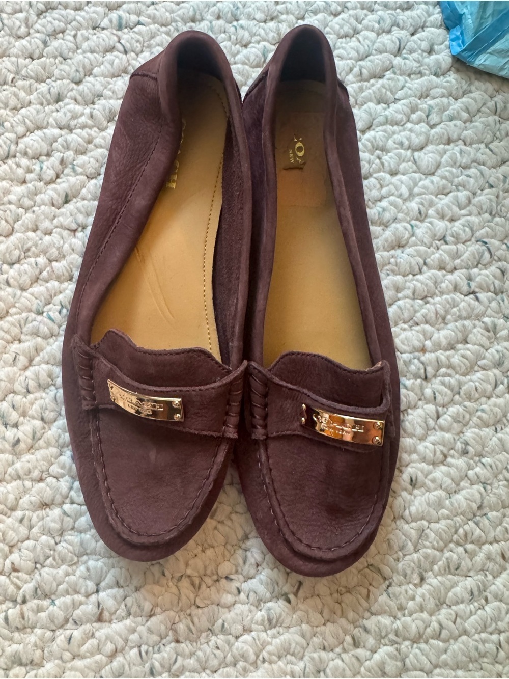 Coach Women's Suede Moccasins in Deep Brown with Gold Accent